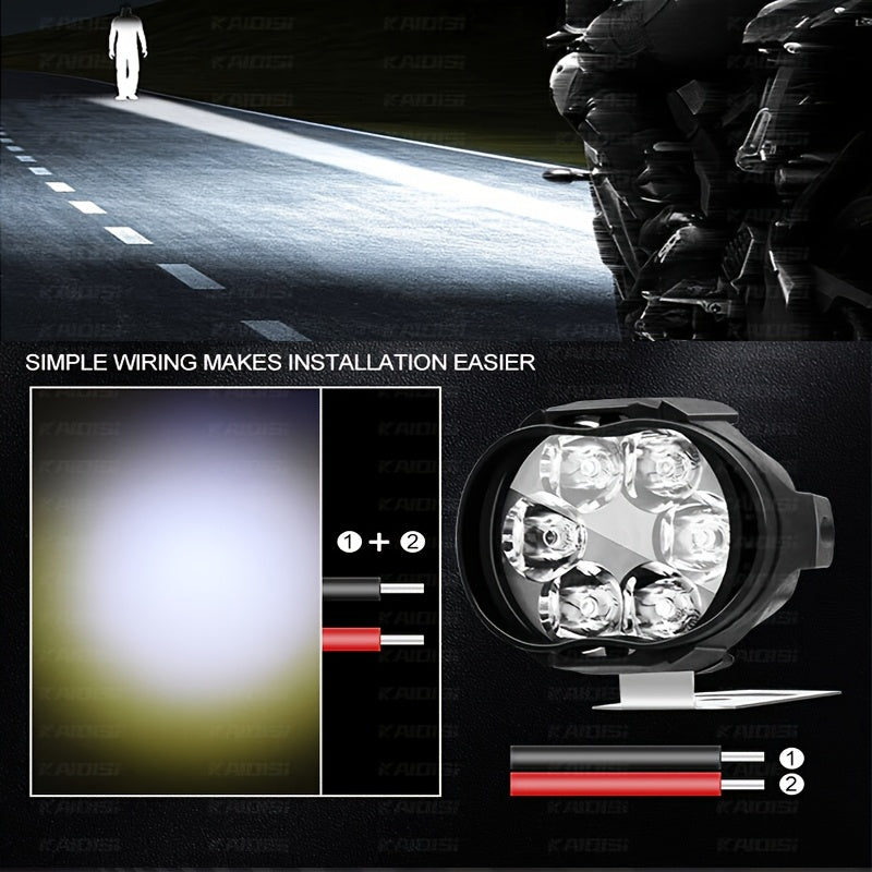 2 motorcycle lights with switch, LED motorbike lamp with 6 LEDs emitting 6500K white light and 1200LM brightness, plus 1 switch.