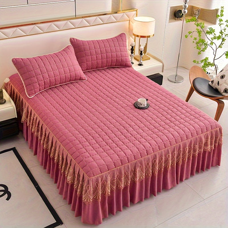 Luxury bedding set includes quilted edge bed skirt, 2 pillowcases, mattress protector, bed sheet, and duvet cover. Skin-friendly, breathable, and easy to maintain. Suitable for various