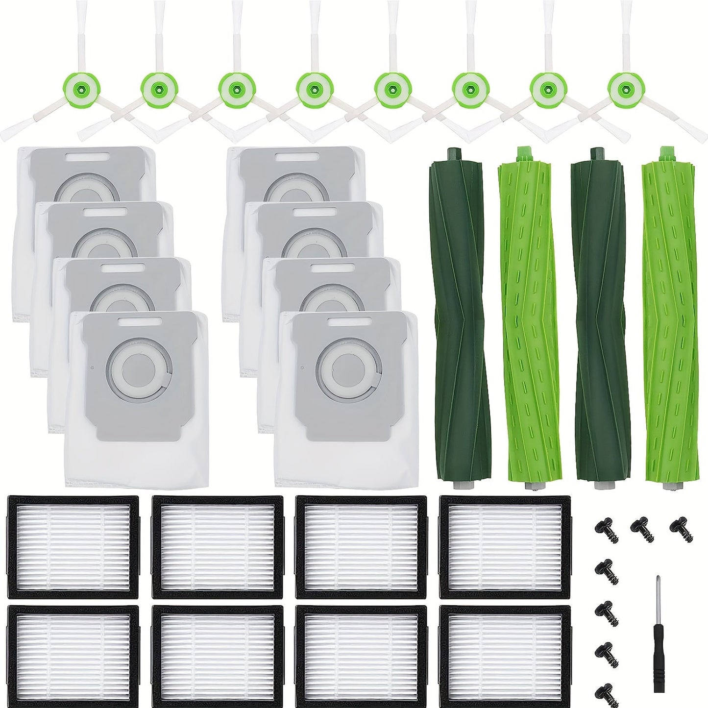 26 Piece Replacement Parts Kit for IRobot E/i/j Series, Including E5, E6, E7, I2, I3, I3+i4, I4+, I6, I6+, I7, I7+, I8, I8+/Plus. Kit Includes 2 Sets of Multi-Surface Rubber Roller Brushes, 8 Filters, 8 Side Brushes, and 8 Vacuum Bags.