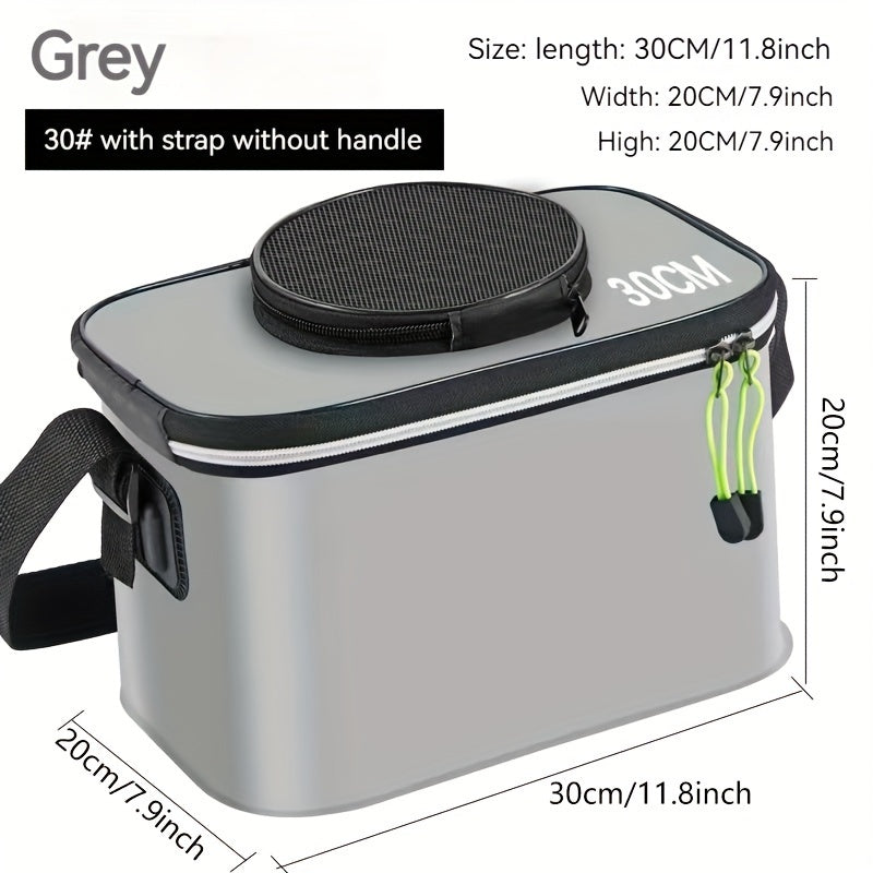 Compact EVA fishing gear bag with collapsible live fish bucket and tackle storage, waterproof and zip closure for camping.