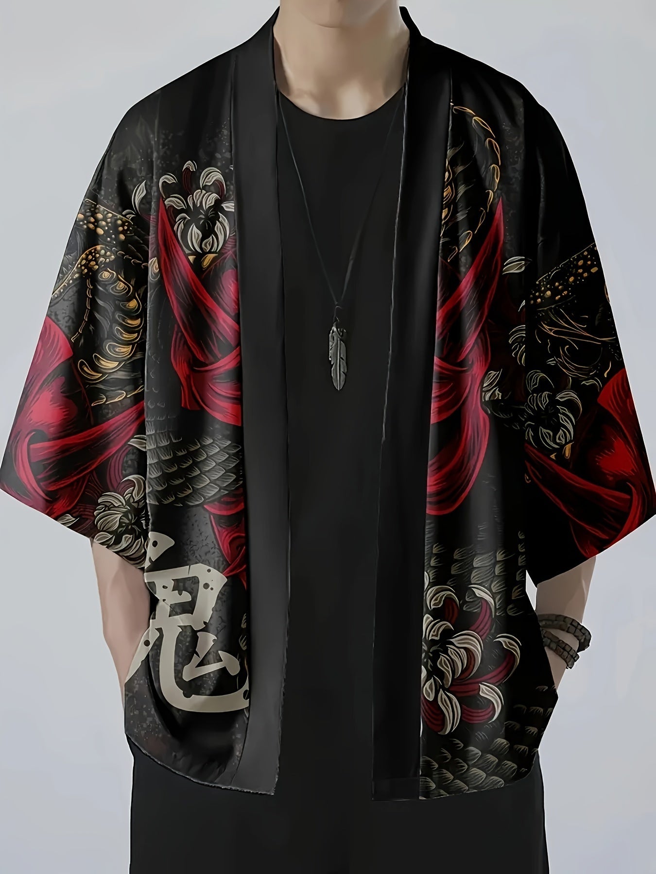 Japanese-style kimono shirt for men with ghost and snake illustration pattern, three-quarter sleeves, and open placket. Perfect for summer streetwear.