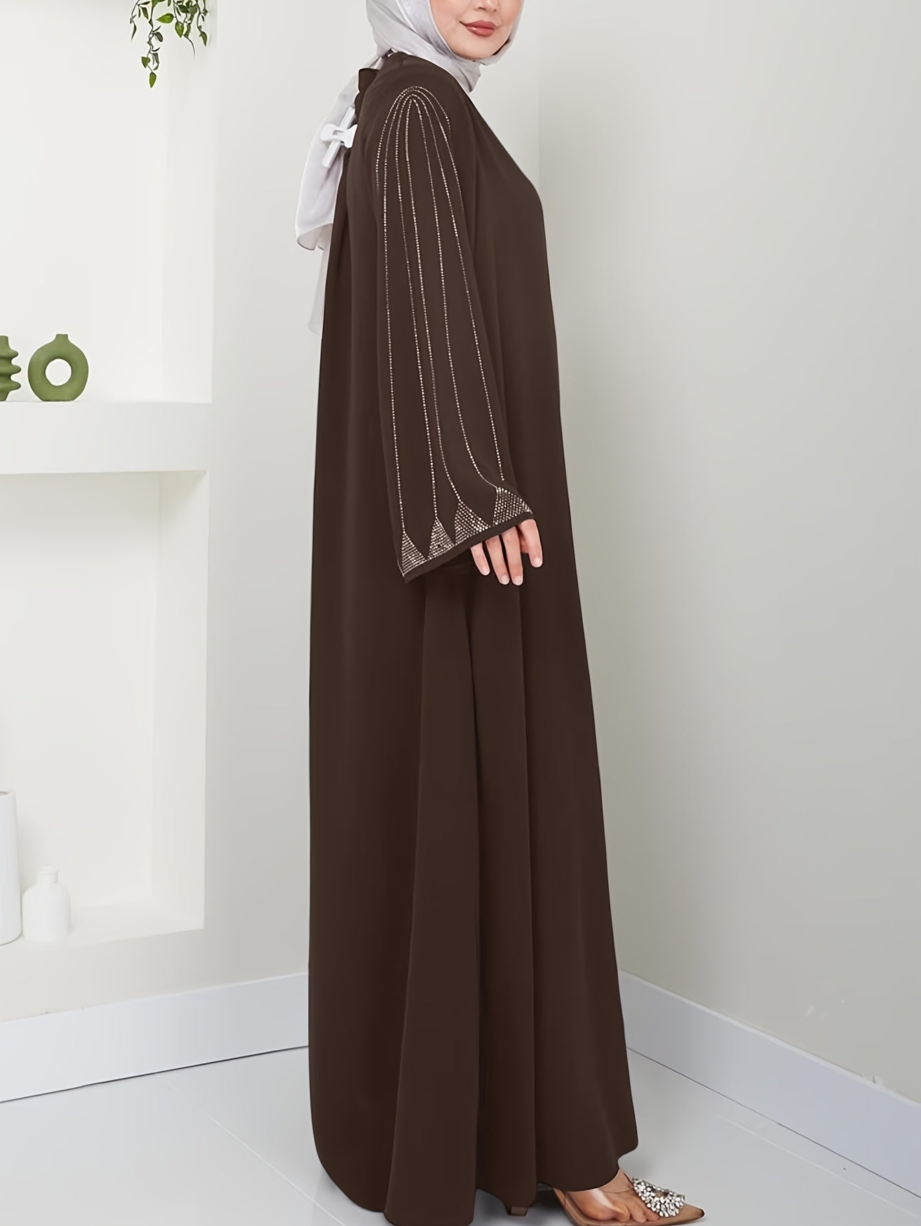 Brown rhinestone-embellished loose fit dress for Muslim women's fashion