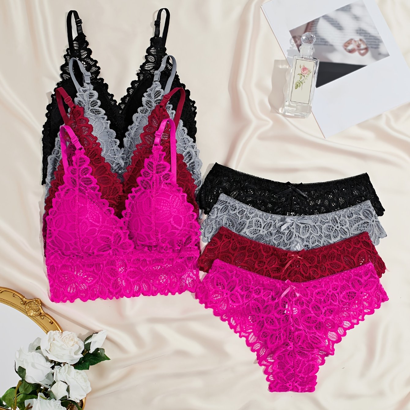 Sexy lingerie set with solid floral lace cami bra, matching panties, for women.