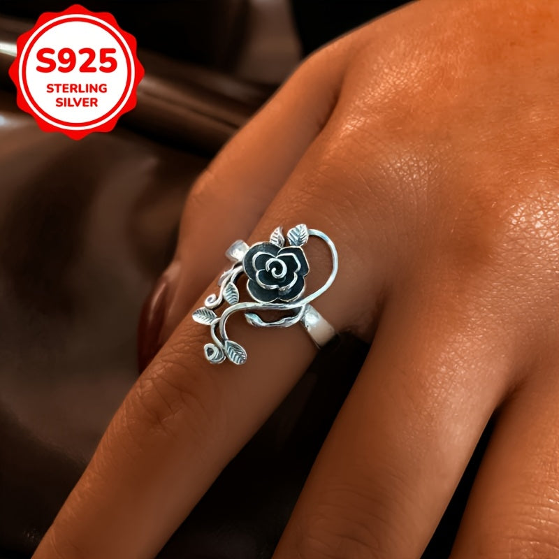 Stylish Vintage Rose Open Ring for Women - Crafted from 925 Sterling Silver, Ideal for Everyday Wear and Gifting