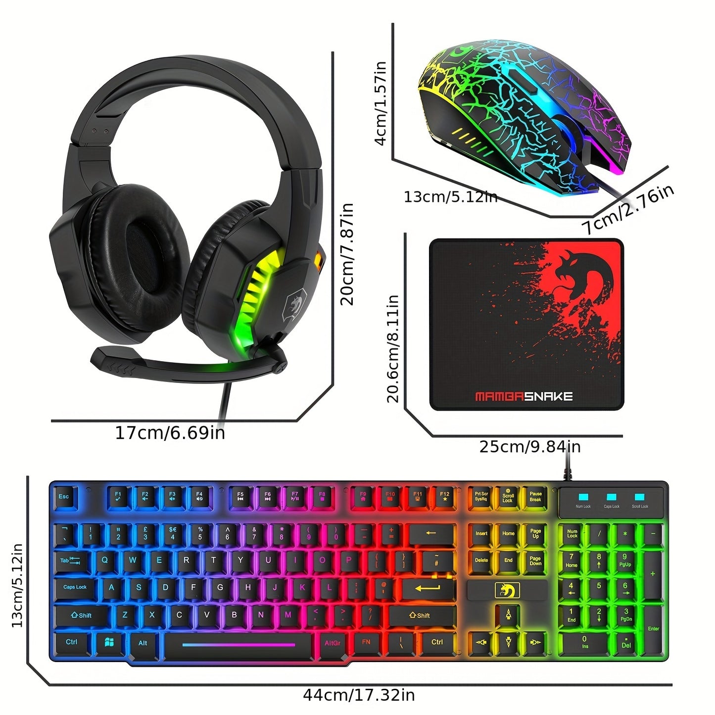 Combo set includes rainbow LED backlit wired gaming keyboard, over ear headphone with mic, rainbow backlit gaming mice, mouse pad for PC, laptop, Mac, PS4, Xbox.