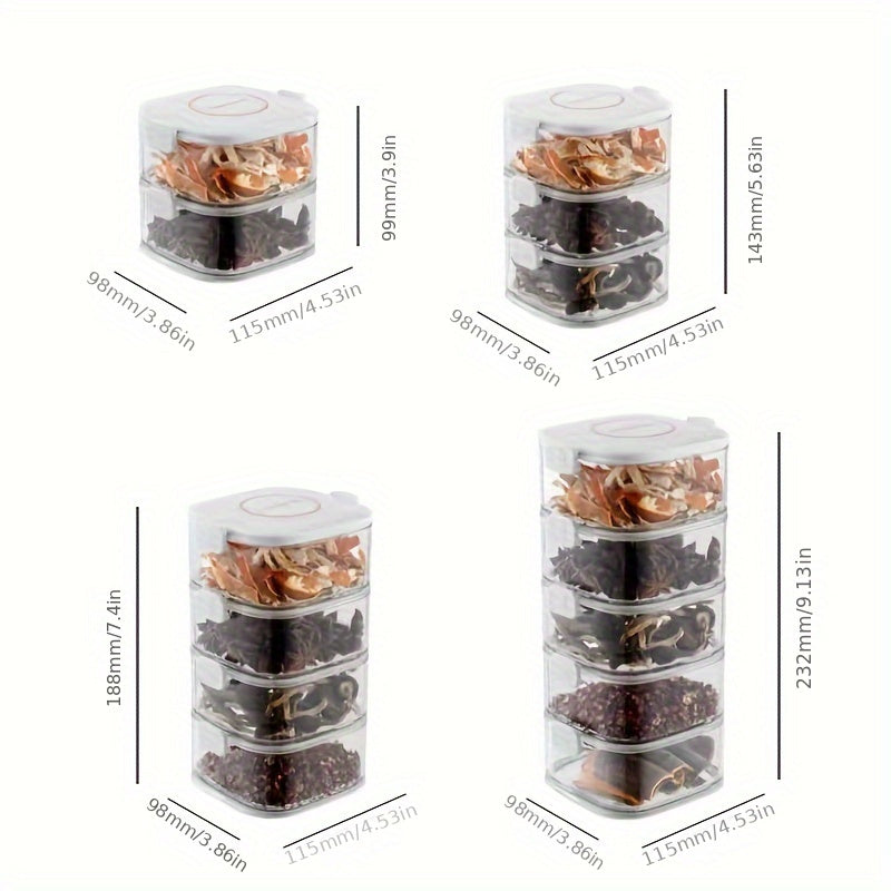 Set of stackable airtight containers with lids made of PET material, BPA-free and safe for storing food. Organize your kitchen with these removable seasoning boxes for spices, herbs, and condiments. Versatile containers for multiple uses.