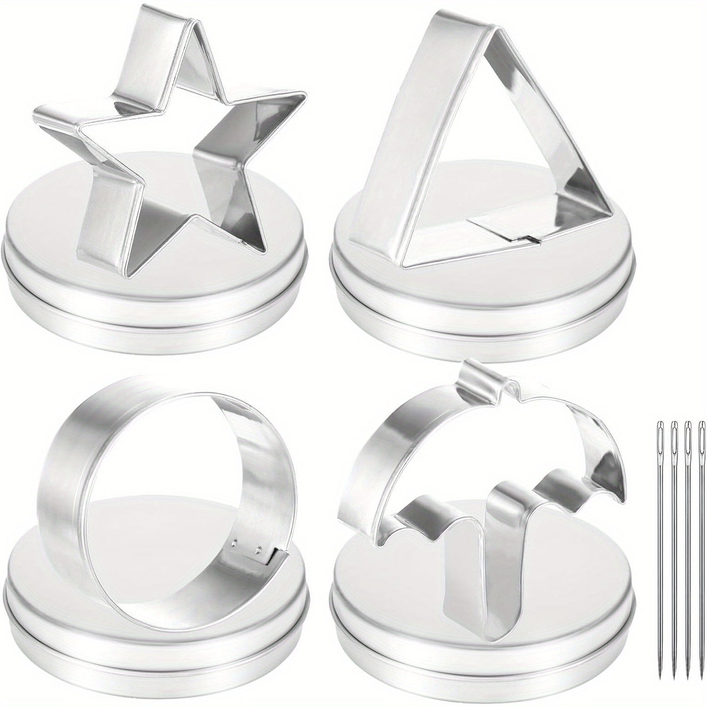 Set of 4 stainless steel cookie cutters: star, umbrella, triangle, and circle. Includes 4 mold boxes for baking cakes and cookies.