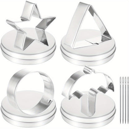 Set of 4 stainless steel cookie cutters: star, umbrella, triangle, and circle. Includes 4 mold boxes for baking cakes and cookies.