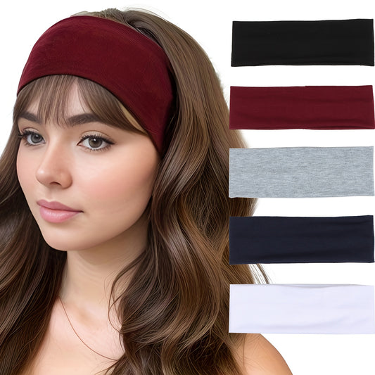 5 sweat-absorbent sports headbands for women, wide and stretchy with solid colors, ideal for running and fitness. Comfortable non-slip design.