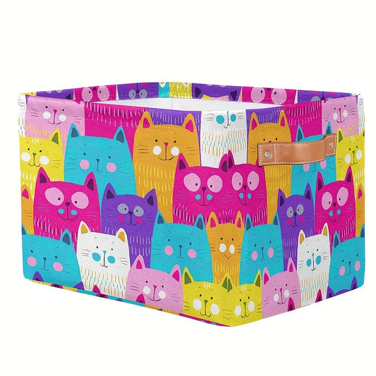 Colorful Fabric Organizer Basket with Handles for Toys, Books, and Office Supplies - Cute Foldable Storage Cube featuring Adorable Cat Design