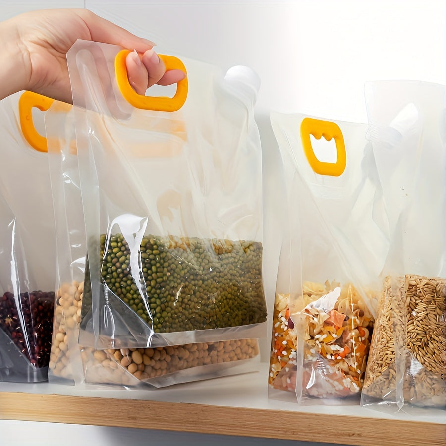 Five reusable food storage bags with vacuum seal, moisture-proof technology, perfect for keeping grains, flour, and beans fresh. Made from BPA-free plastic, these bags are hand washable and a great kitchen organizer.