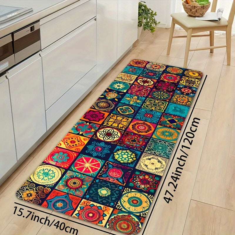 1pc Bohemian Square Floor Mat, Non-Slip, 8mm Thick, Machine Washable Polyester - Ideal for Various Indoor and Outdoor Spaces