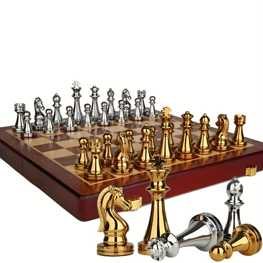 Luxurious chess set with silver pieces on a wooden folding board with zinc alloy pieces.