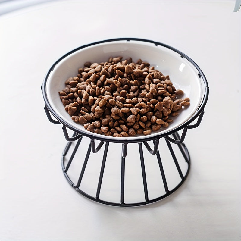 Ceramic cat bowls with stand, raised for neck protection, whisker-friendly design with cat silhouette.