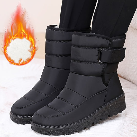 Women's mid-heel snow boots, sizes 36-43, round toe fabric upper, water-resistant PU sole, hook-and-loop closure, all-season winter footwear.