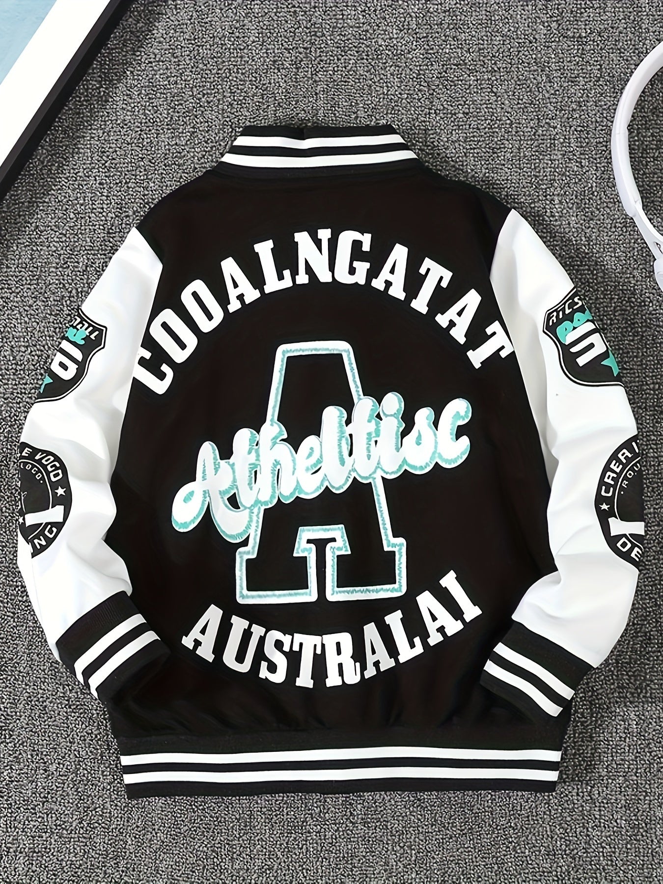 Boys Long Sleeve Varsity Baseball Jacket with Letter Graphic and Color Block Design, Drop Shoulder Style, No Hoodie