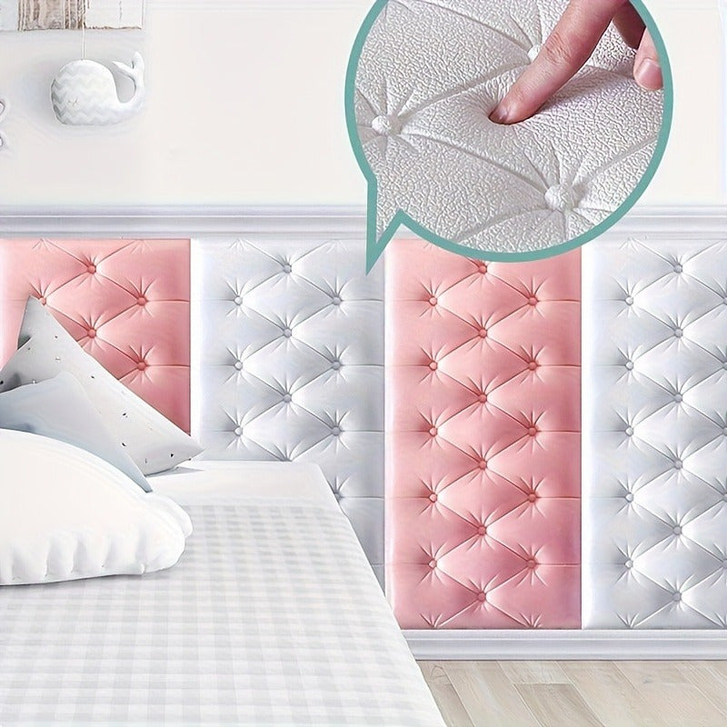 5 pieces of modern 3D self-adhesive soft wall panels in white, ideal for bedroom or living room.