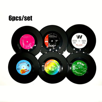 Set of 6 vinyl record coasters, retro American rock CD design, non-slip insulation pads, heat-resistant table mats, room decoration.