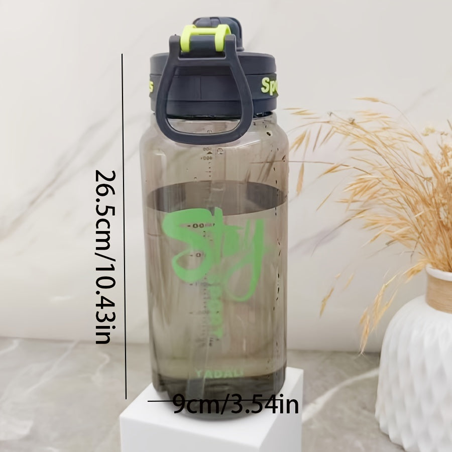 One leak-proof large capacity sports water bottle with straw, clear with "STAY HYDRATED" label, perfect for outdoor activities and fitness. Made of durable, portable, BPA-free plastic.