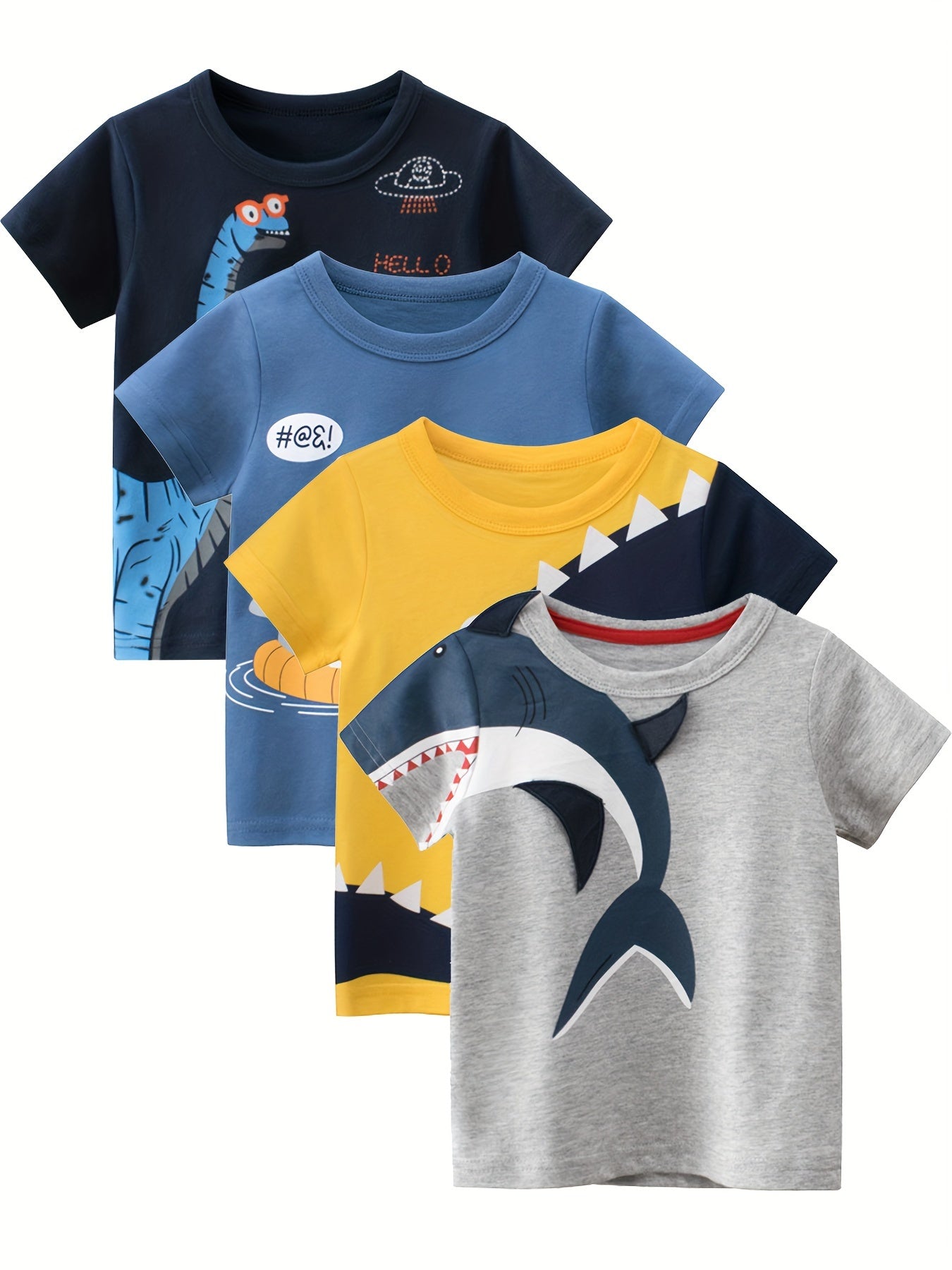 4 cute cartoon shark and dinosaur print boys' t-shirts, cool and versatile with smart short sleeves.