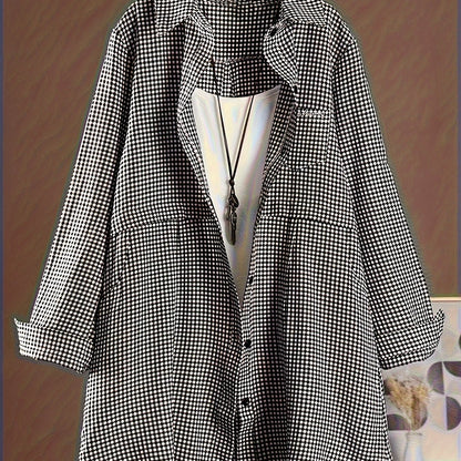 Plaid print button front shirt, casual long sleeve for spring & fall, plus size women's clothing