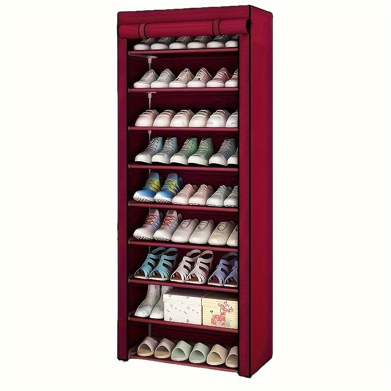 Multi-layer outdoor storage cabinet with zipper, shoe cabinet and rack assembly. This dust-proof, stainless steel shoe cabinet has multiple layers for storage. Simple and efficient shoe storage solution.