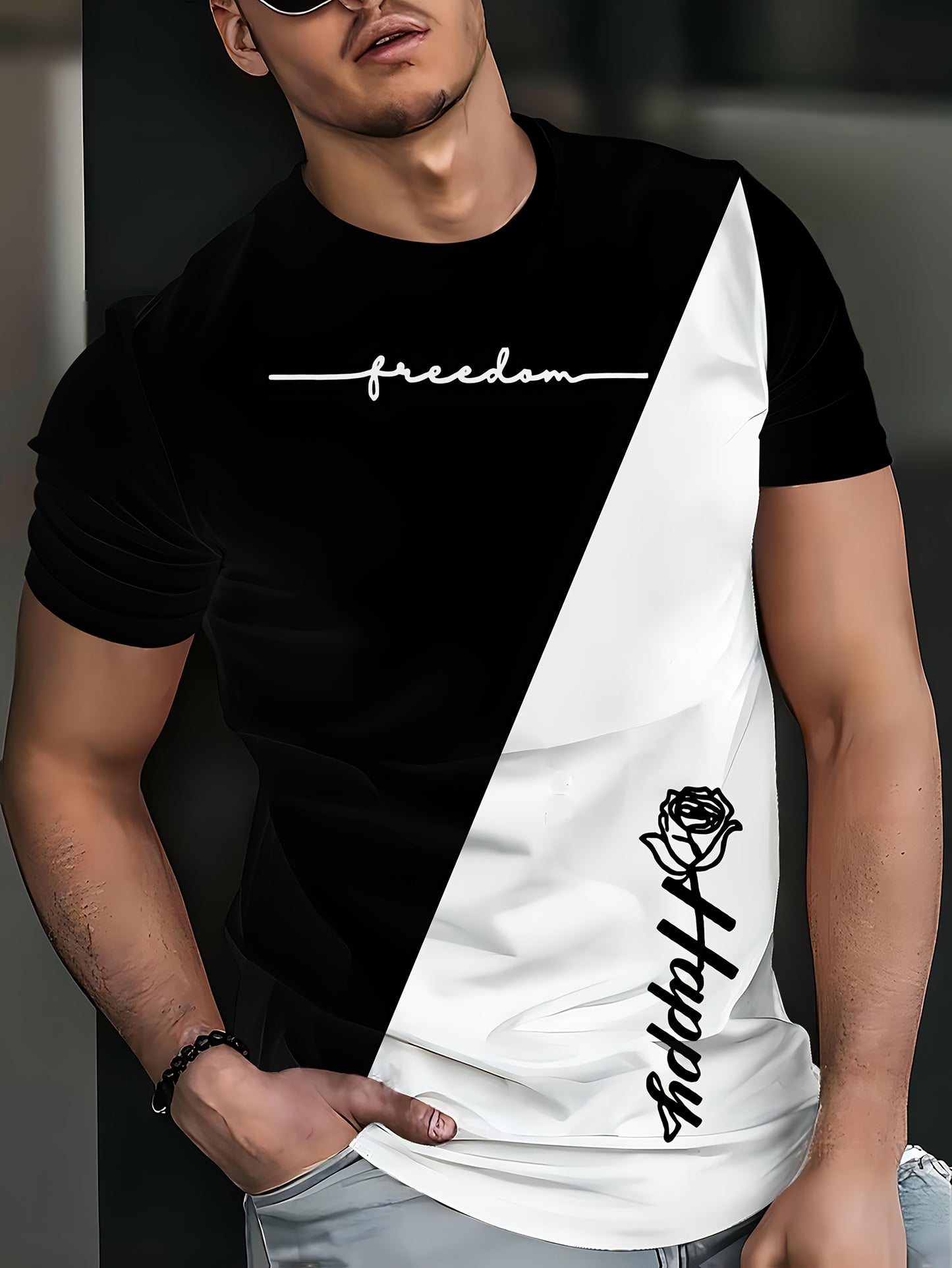 Men's Rose Print Color Blocked Tee - Perfect gift for casual style.