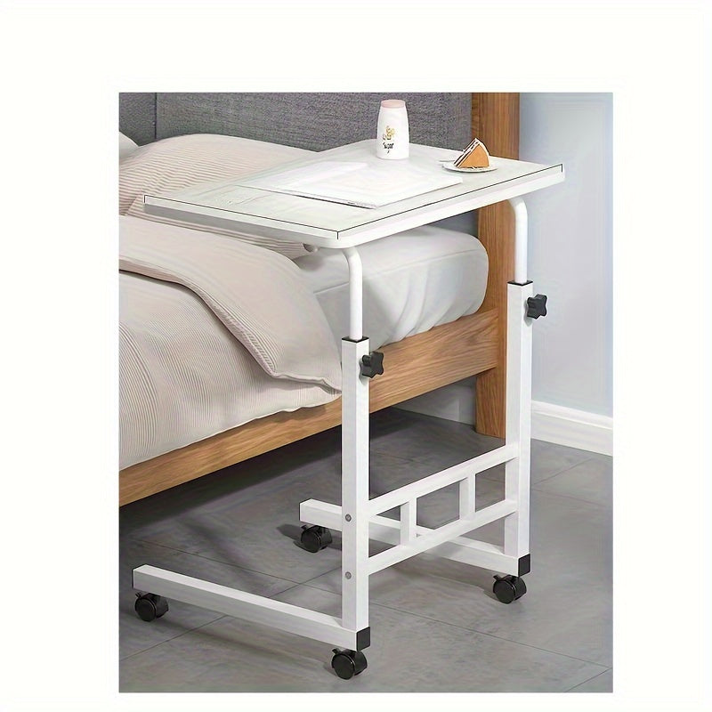 Adjustable height rolling laptop desk for home office use.