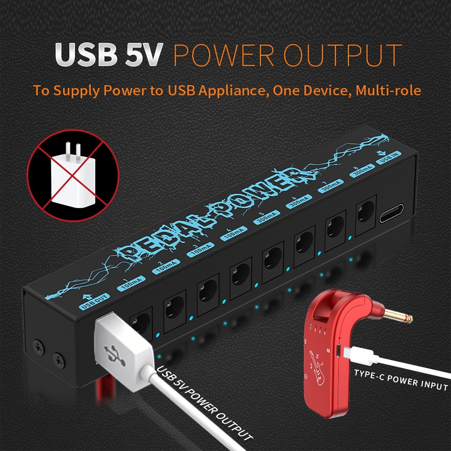 Guitar Pedal Power Supply with 8 isolated 9V DC outputs.