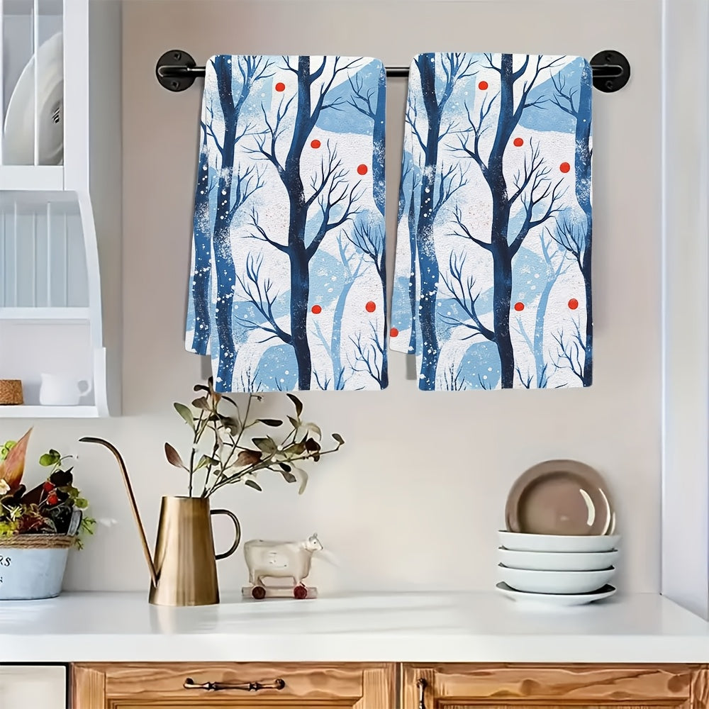 Set of 2 Ultra Soft Kitchen Towels with Winter Jungle Trees Design, Exceptionally Absorbent & Easy to Clean Dish Hand Towels, 40.64x60.96 cm - Ideal for Holiday Decoration and Drying Dishes