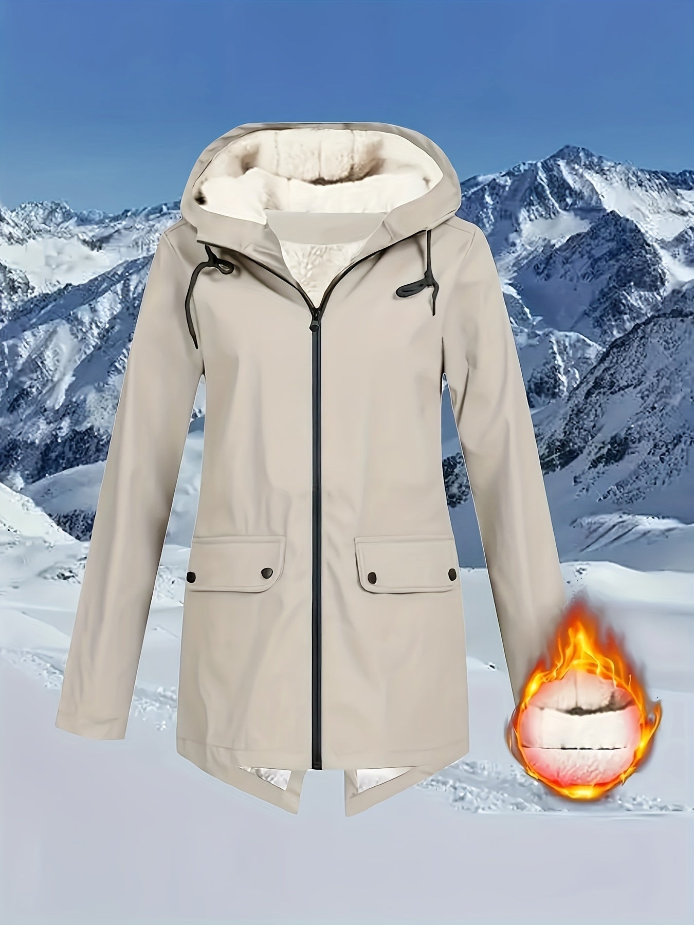 Women's plus size solid zip front warm coat with hooded long sleeves for fall and winter.