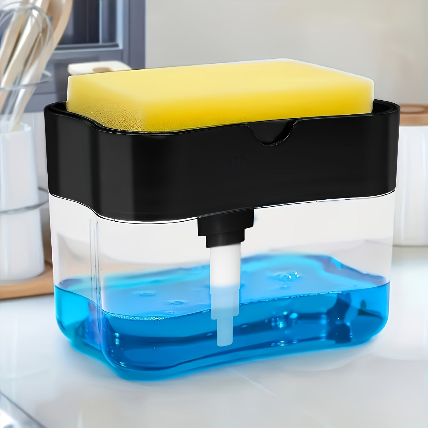 Dishwashing Sponge Dispenser - Press and Pour Soap Container with Sponge Holder, No Need for Electricity, Made of Sturdy Plastic