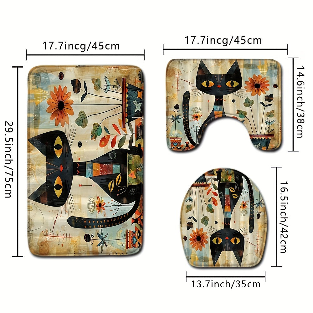 Set of three black cat sunflower floor mats for bathroom, including toilet cover, toilet mat, and absorbent door mat. Features non-slip design for safety and decorative purposes.