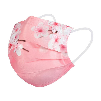 Disposable fashion face covering for adults, featuring 30 pieces of 3-layer breathable face scarf masks made of woven polypropylene. These masks are elastic, sun-proof, and come in a variety of floral and starry sky patterns. They have wide ear loops