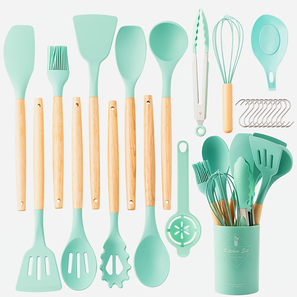 Silicone Kitchen Utensil Set with Wooden Handles - 24 Piece Set for Cooking and Baking