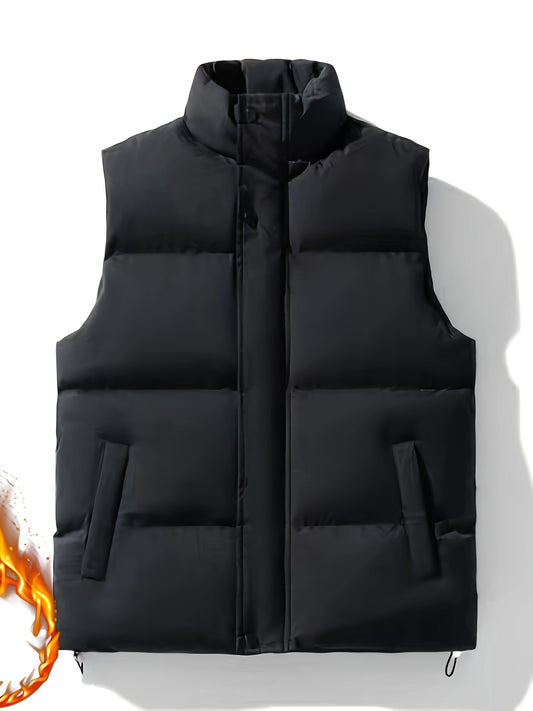 Men's casual thickened warm vest with pockets for hiking and outdoor activities, made of polyester filled fabric in a regular fit for fall.