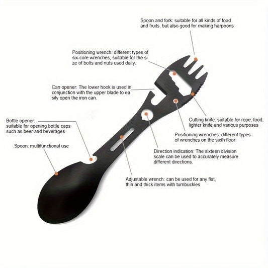 Portable stainless steel utensil with 10 functions for outdoor activities.