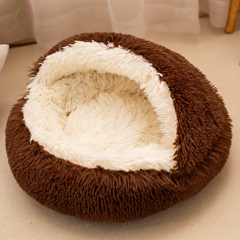 Plush long-haired small animal bed with detachable cover. Round, fluffy and comfortable for cats and dogs. Keeps pets warm in winter, improves sleep quality. Non-slip and foldable support