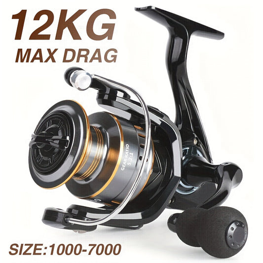 Limited edition BILLINGS EK 1000~7000 spinning reel with 5.2:1 gear ratio, 11.79KG max drag, aluminum alloy metal spool, ambidextrous design, made with PA and mixed colors.