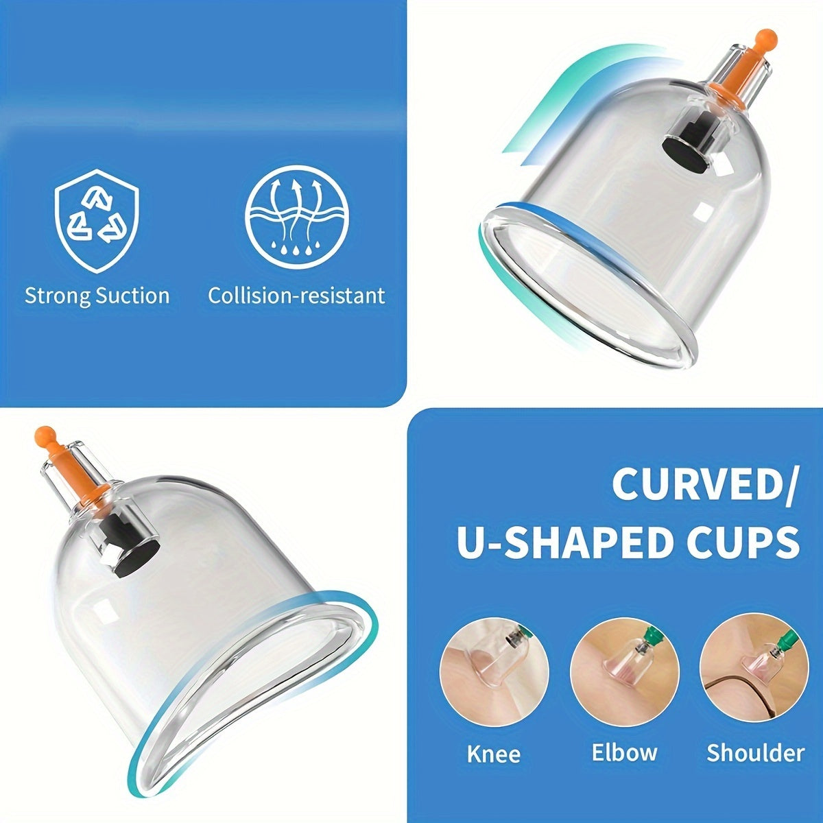 Massage Cupping Set with multiple vacuum cups, hand pump, and detailed manual for massage therapists and Chinese acupuncture. Portable with vacuum suction.