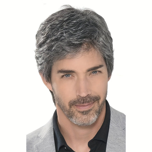 Stylish Men's Fashion Wig: Short Wavy Gray with Side Bangs, 25.4 cm in Synthetic Fiber - Perfect for Daily Wear, Role Play, Halloween, Nightclub, and Parties. Made of Durable Polyester Material, Hand Wash Recommended and Heat Resistant.