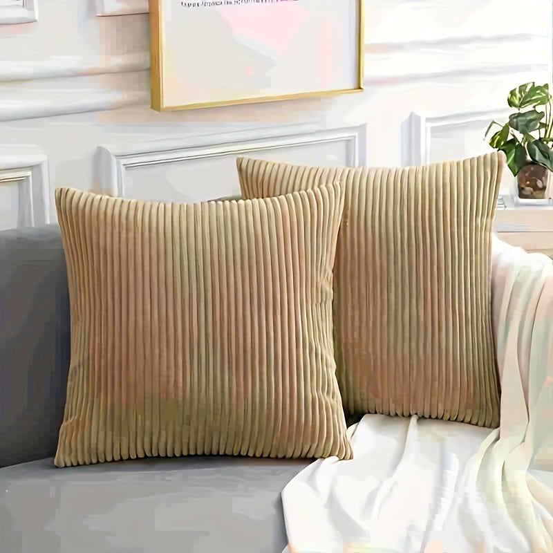 Stylish soft corduroy throw pillow covers in a striped square pattern for living room, bedroom, or sofa decor. Features double-sided printing and fits 45.72cm pillows. Set of 2, pillow inserts not included.