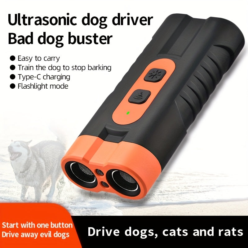 Dual-head ultrasonic dog repeller with powerful heads for long-distance training, designed to stop barking and scare away dogs and cats for personal safety.