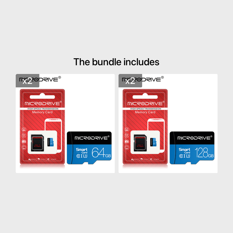 Microdrive Blue Class 10 TF Memory Card is available in 32GB, 64GB, 128GB, and 256GB with U3 support, includes an SD adapter for smartphones and DVRs.