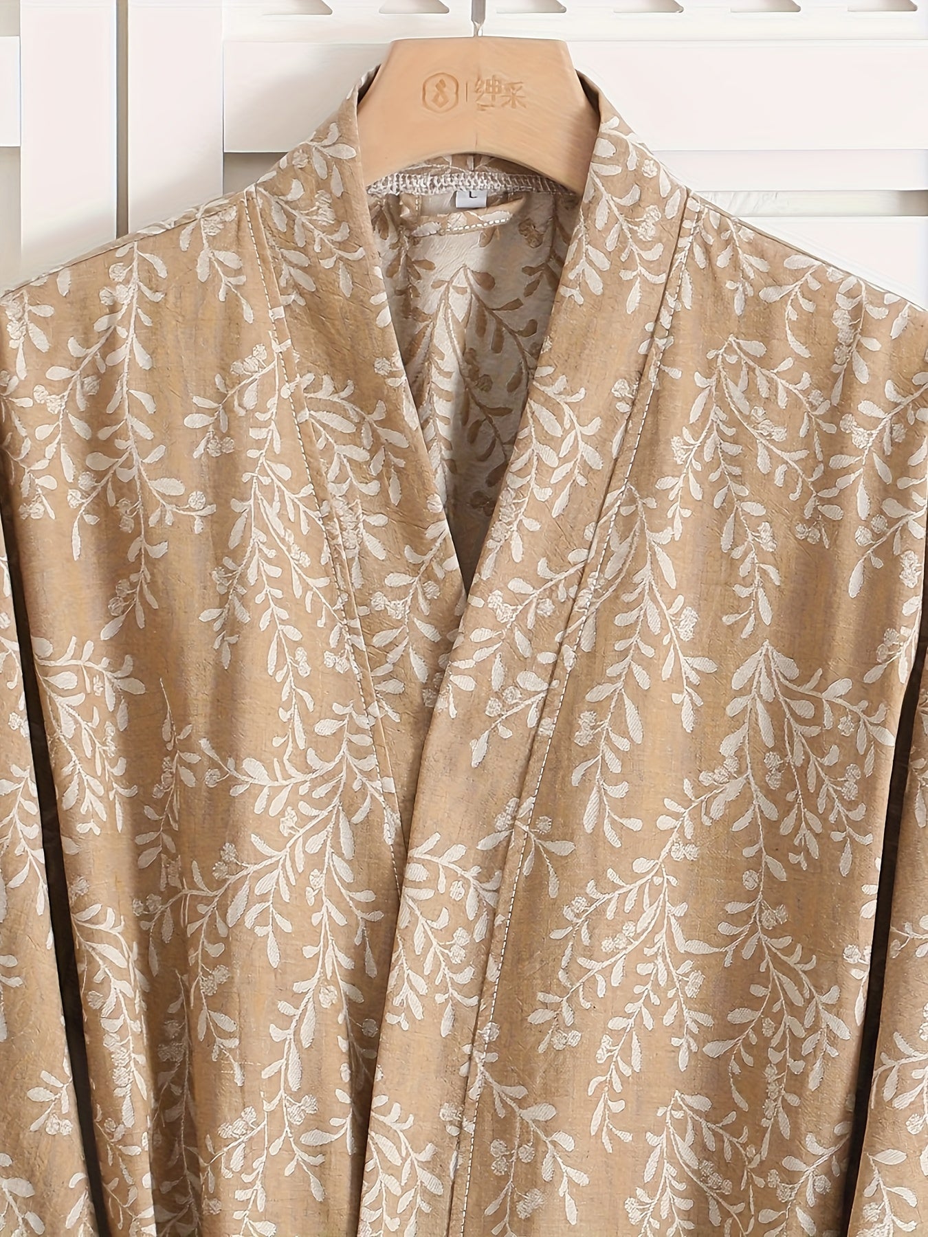 Women's lightweight cotton jacquard bathrobe with floral pattern, quick-dry absorbent fabric, long sleeves, v-neck, and belt in beige/floral design. Ideal for spring, summer, and fall.