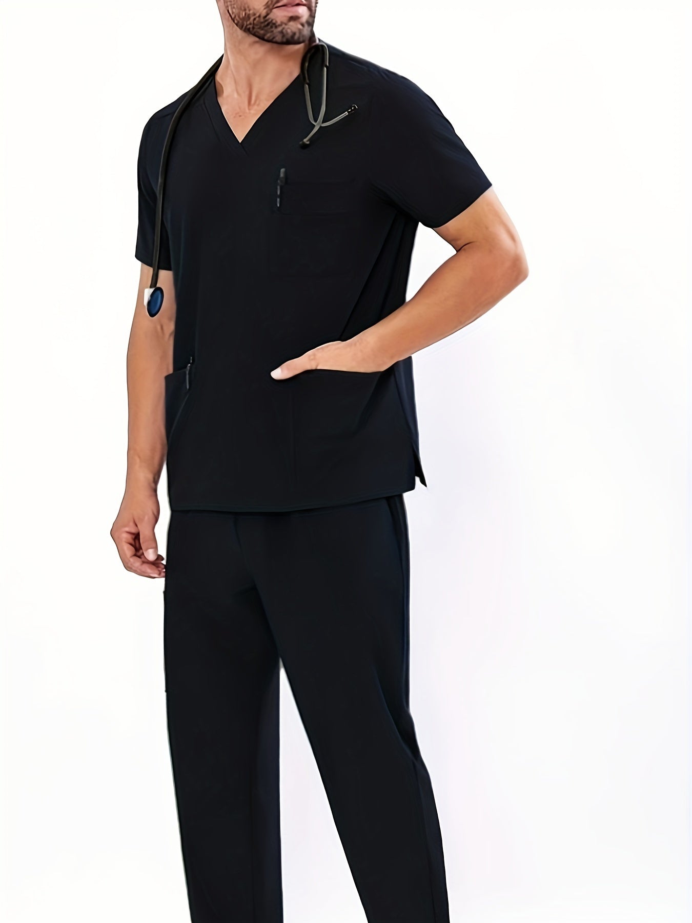 Men's Summer V-Neck Scrub Set with Pockets - Casual, Machine Washable Workwear for Medical Staff