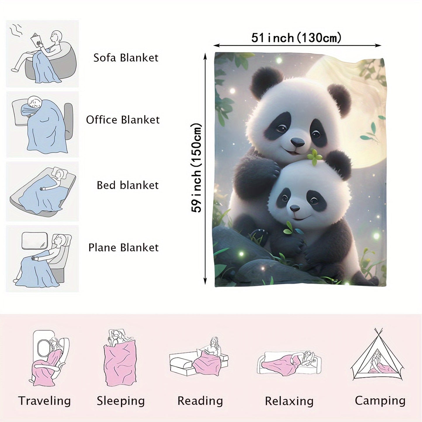 This cozy flannel blanket features an adorable panda print and can be used in various ways, such as on the sofa, bed, office, or as a shawl. It is also perfect for covering your legs during wild camping trips. This multi-purpose throw blanket is soft and