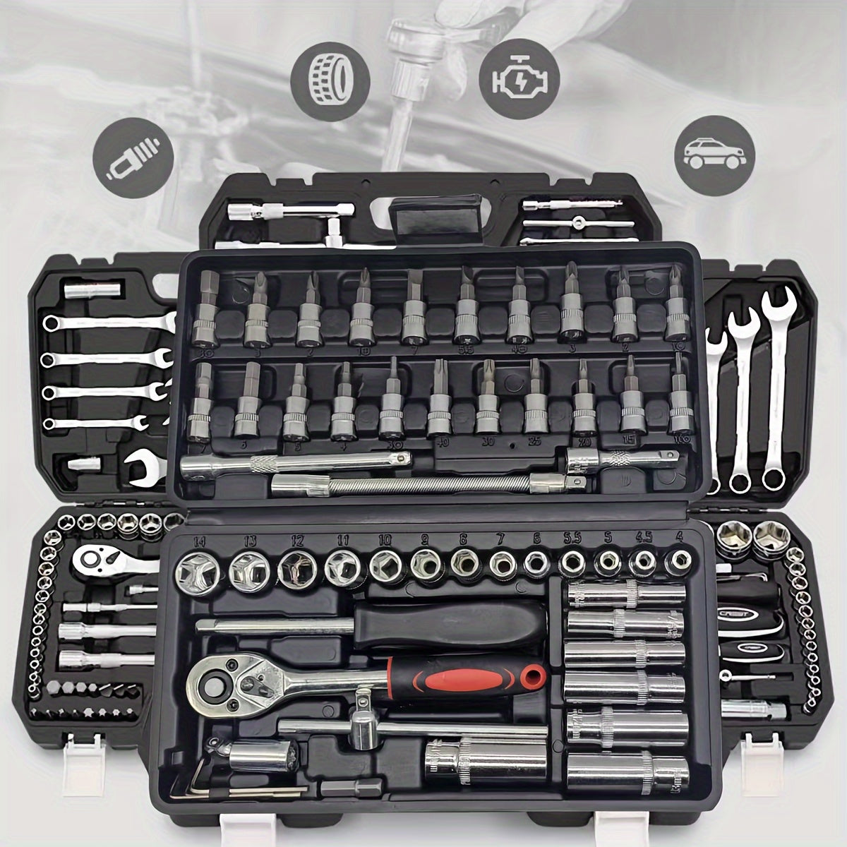 Multi-function tool set made of Chrome Vanadium Steel for various repairs on vehicles and bicycles, including ratchet spanner, sockets, screwdriver bits, and extension rods. Comes with a