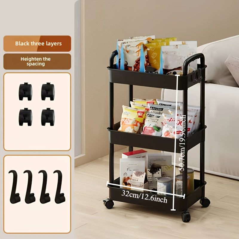 Versatile Mobile Utility Cart Organizer with Multi-Tier Storage, Sturdy Plastic Material, 360 Degree Swivel Wheels, Ideal for Various Rooms - Available in Black or White. Perfect for Living Room, Bathroom, Bedroom, Kitchen. Convenient and Durable Rolling