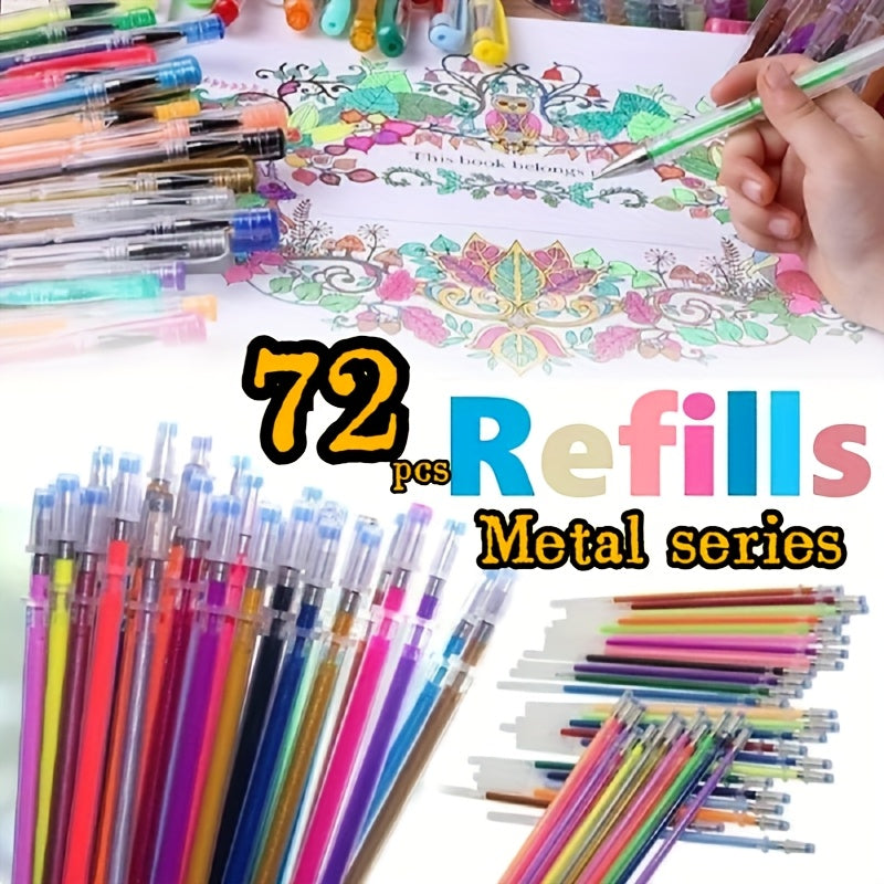 72-Pack gel pen refills with metallic and fluorescent colors, 0.8mm fine point, multicolor ink for office and school art supplies.